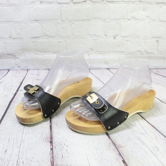 Dr Scholls Black Leather Slip On Buckle Single Strap Slide Sandals Size 6.5 - Picture 2 of 9